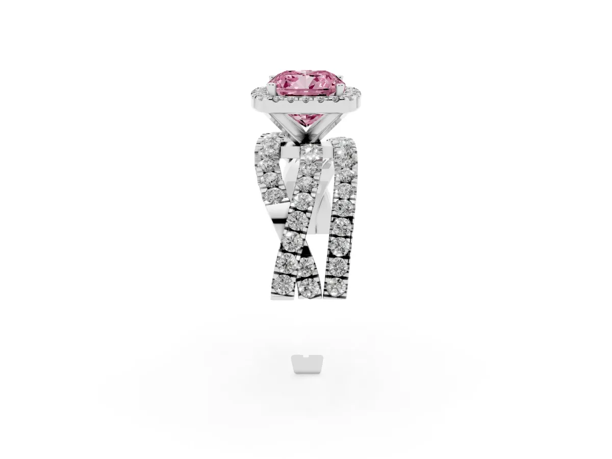 Fancy Pink Cushion Cut Diamond Halo Ring with Round Split Shank and Prong Setting Platinum