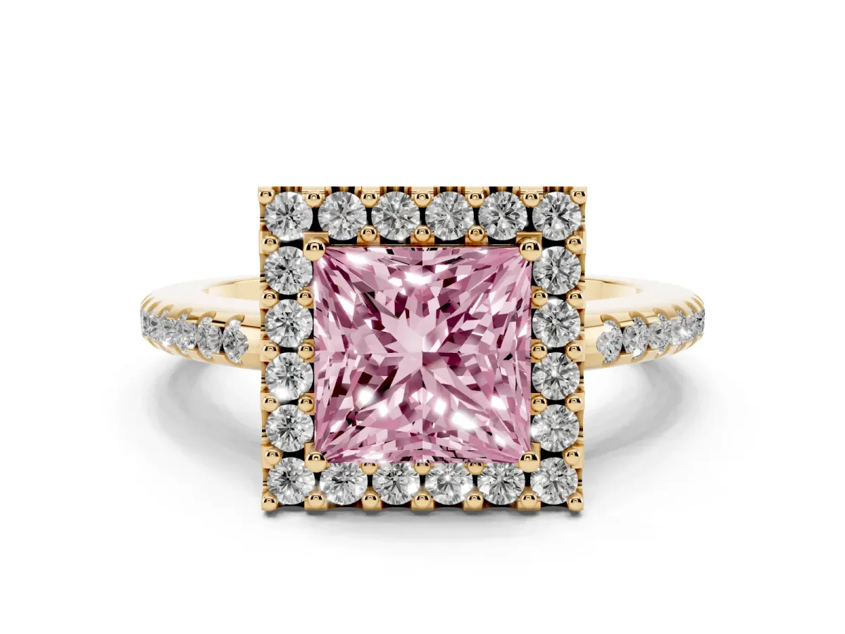 Fancy Pink Princess Cut Diamond Pavé Halo Ring with Four-Prong Setting Yellow gold