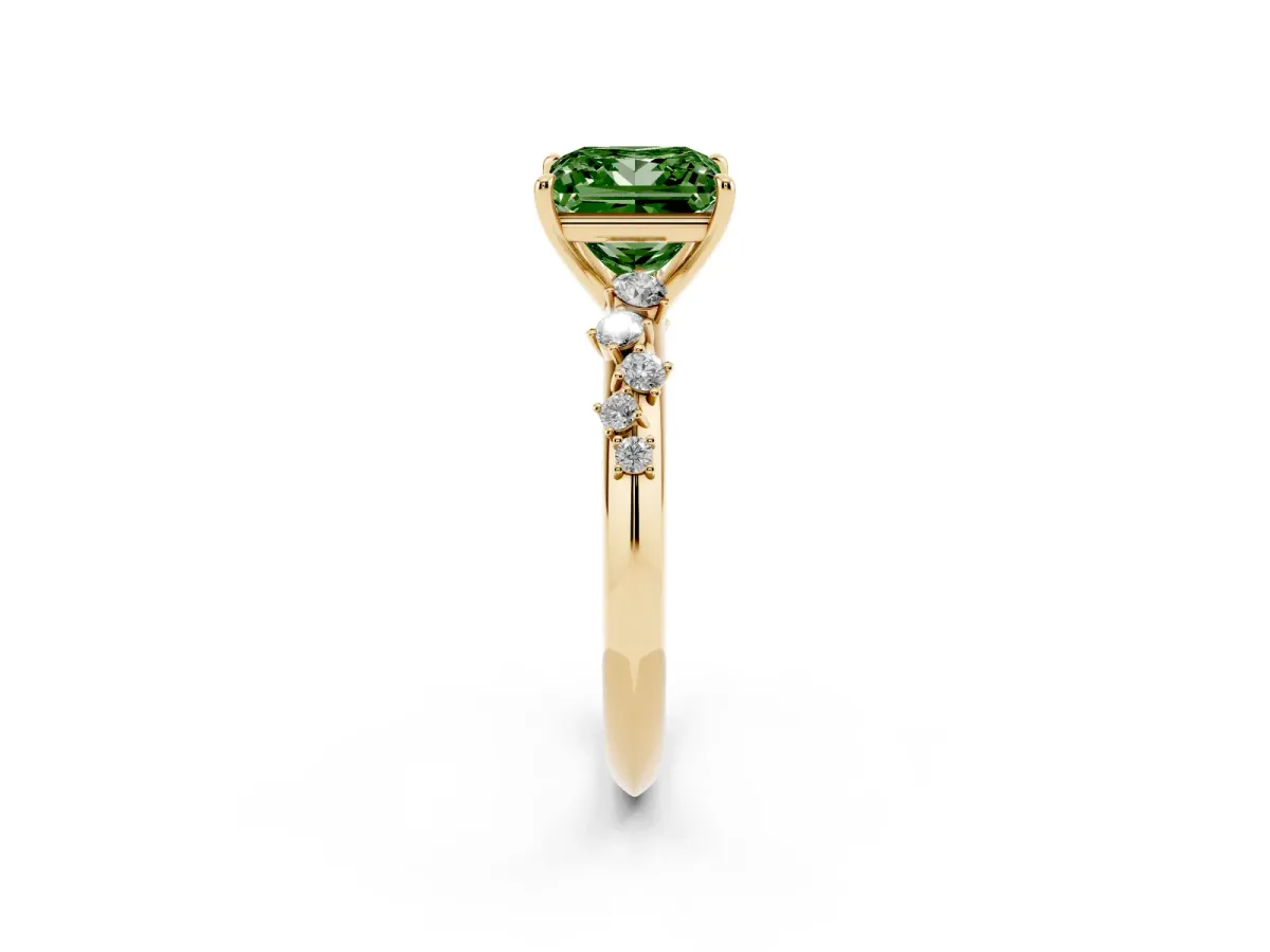 Fancy Green Princess Cut Diamond Cluster Side Stone Solitaire Ring with Prong Setting Yellow gold