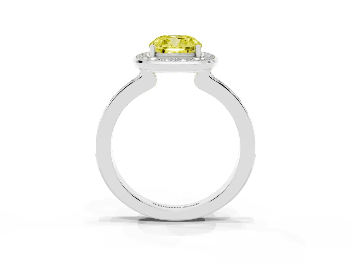 Fancy Yellow Cushion Cut Diamond Halo Ring with Bezel Frame and Pavé Band Silver
