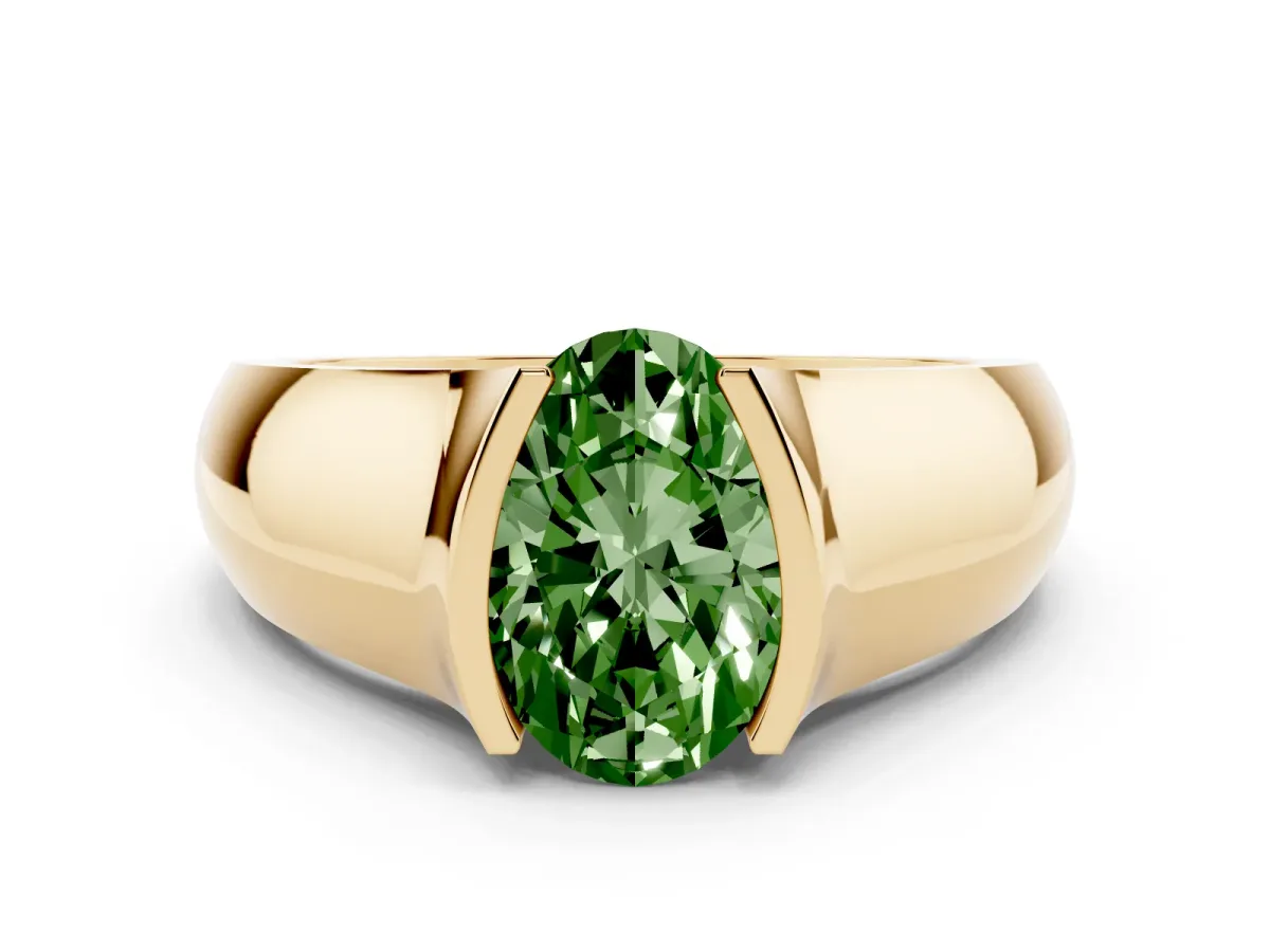 Fancy Green Oval Cut Solitaire Bezel Set Diamond Ring with Wide Band Yellow gold