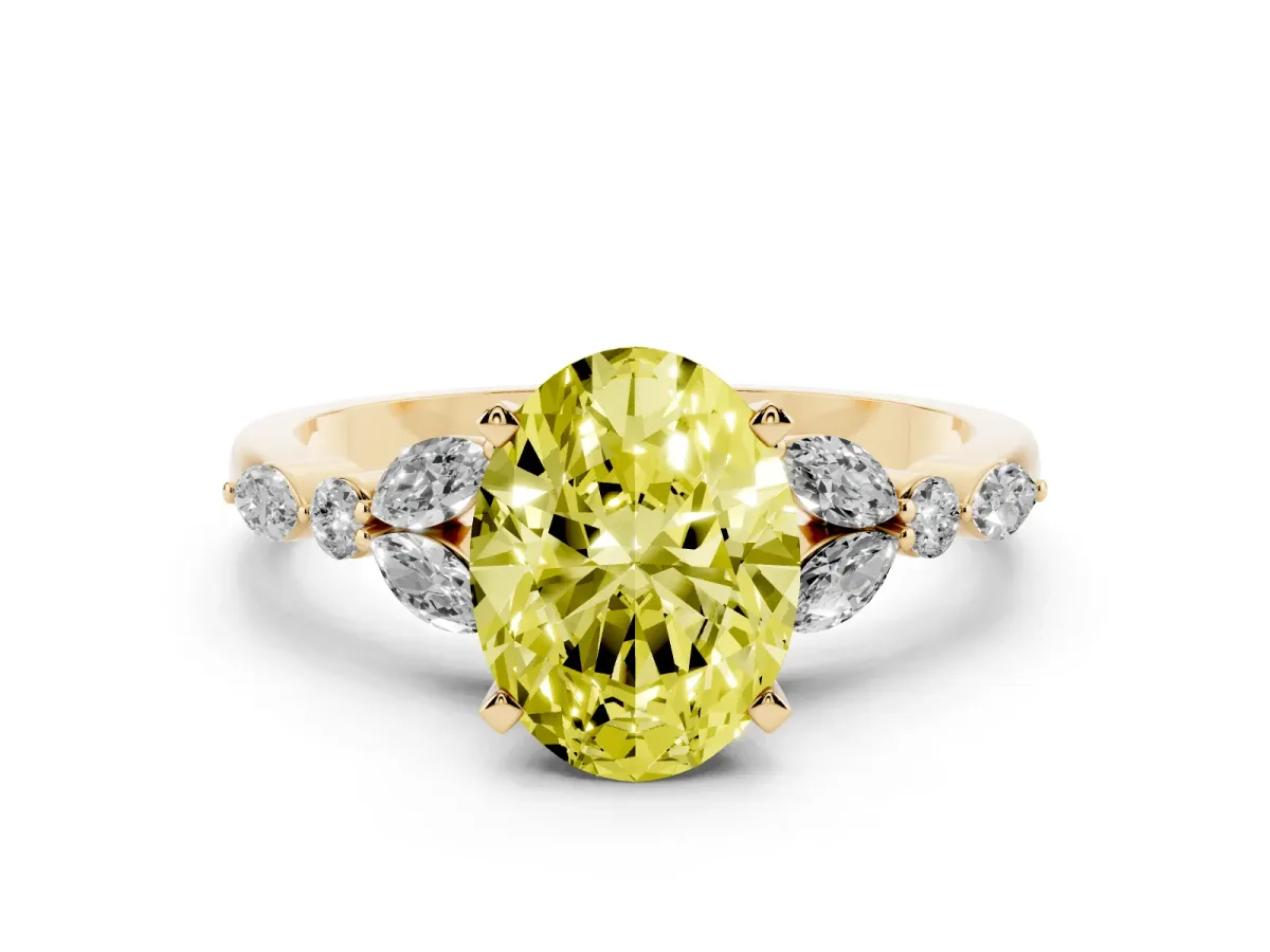 Fancy Yellow Oval Cut Diamond Solitaire Ring with Side Stones and Four-Prong Setting Yellow gold