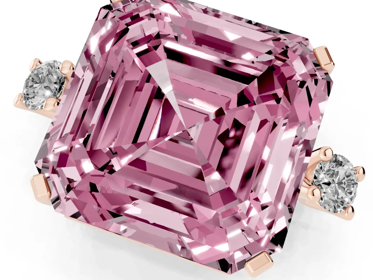 Fancy Pink Asscher Cut Cut Three-Stone Solitaire Ring with Round Accent Diamonds and Four-Prong Setting Rose gold
