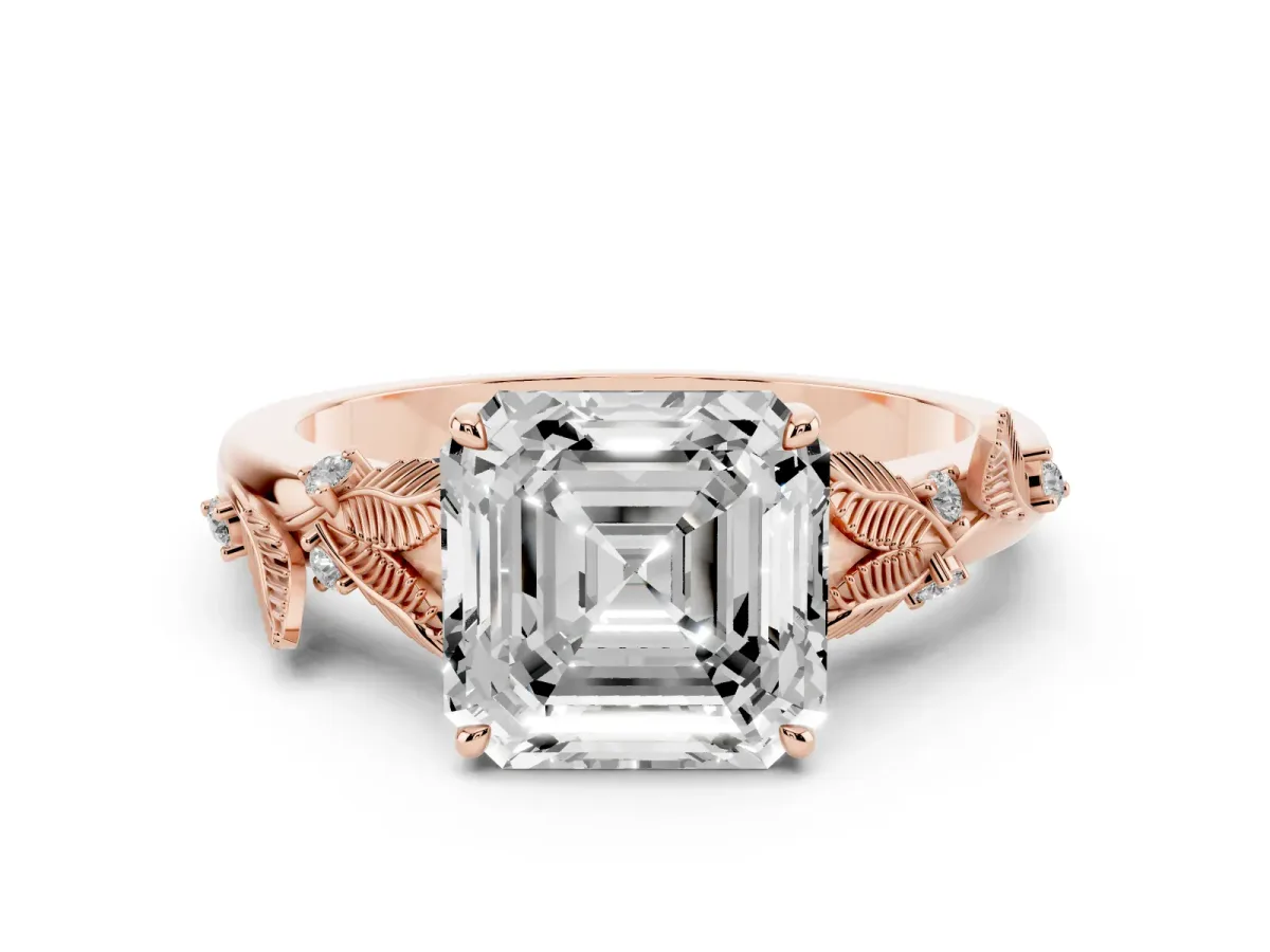 Asscher Cut Diamond Solitaire Ring with Leaf Motif Band and Four-Prong Setting Rose gold