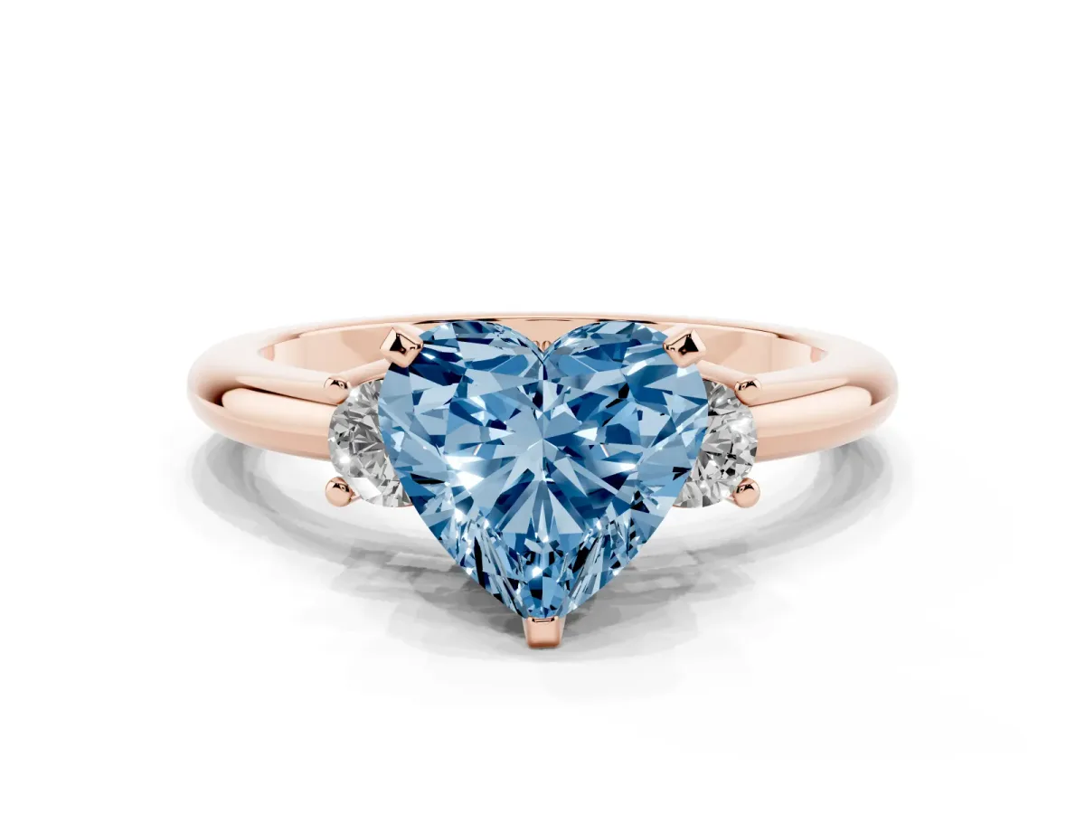 Fancy Blue Three-Stone Heart Cut Cut Diamond Solitaire with Prong Setting and Classic Band Rose gold