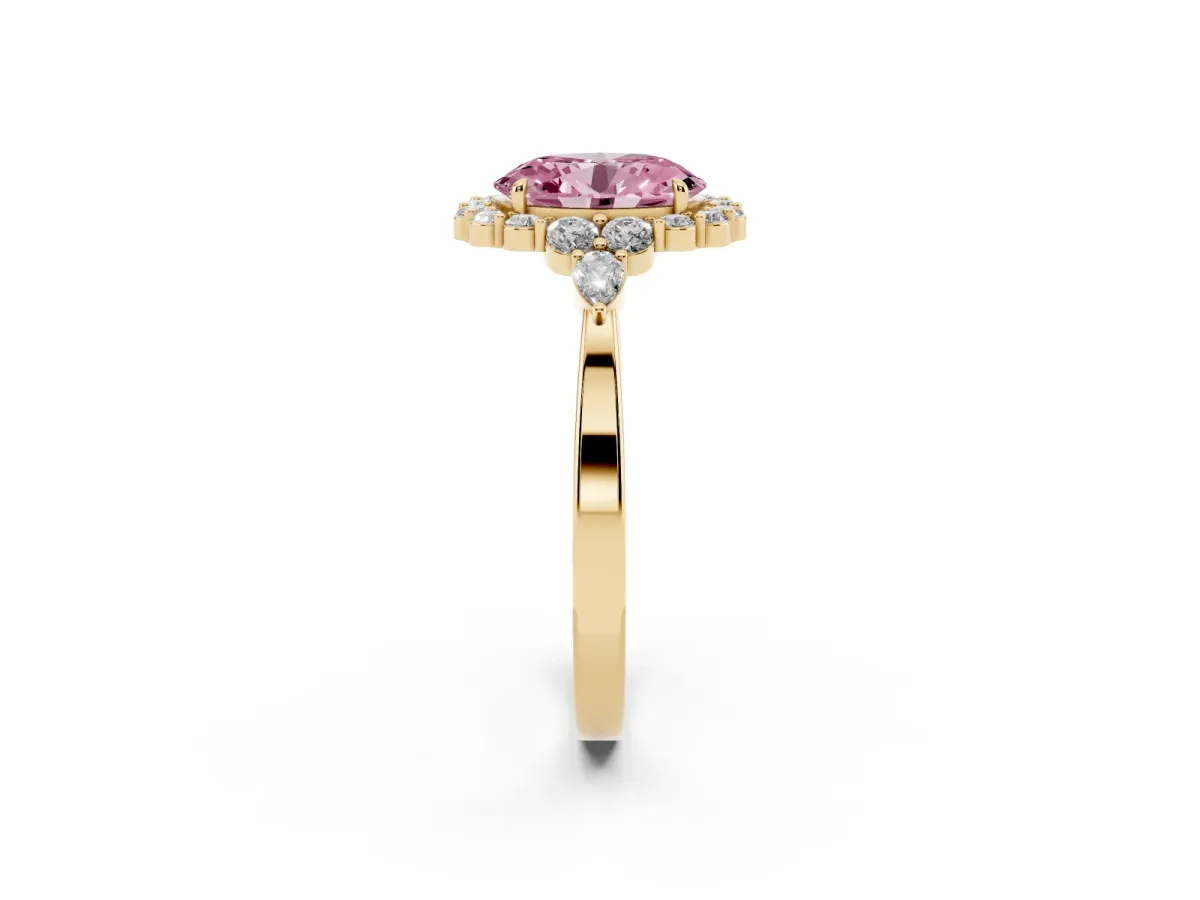 Fancy Pink Oval Cut Diamond Halo Ring with Pear Side Stones and Prong Setting Yellow gold