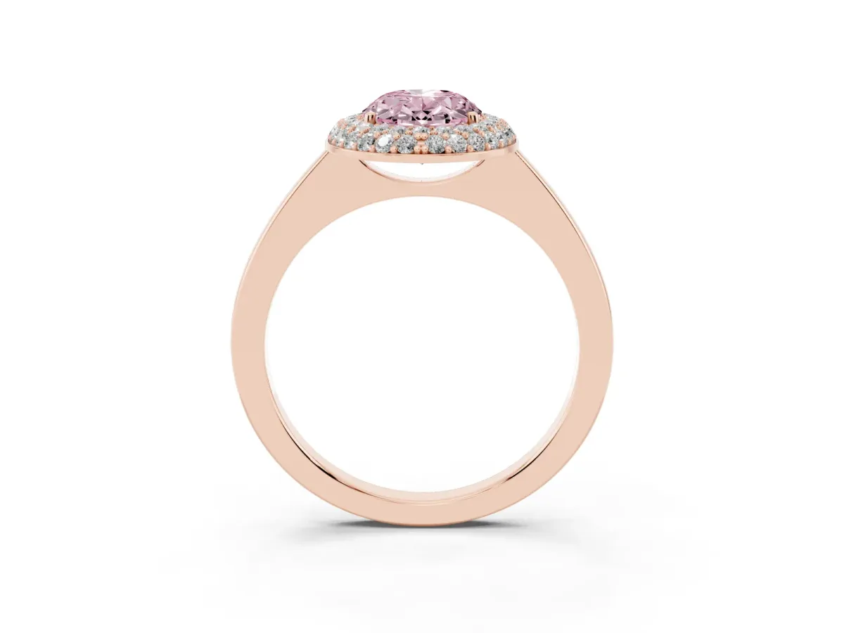 Fancy Pink Oval Cut Halo Diamond Engagement Ring with Solitaire Band and Four-Prong Setting Rose gold