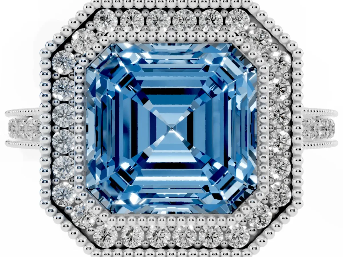 Fancy Blue Asscher Cut Cut Halo Diamond Ring with Pavé Band and Milgrain Prong Setting Silver