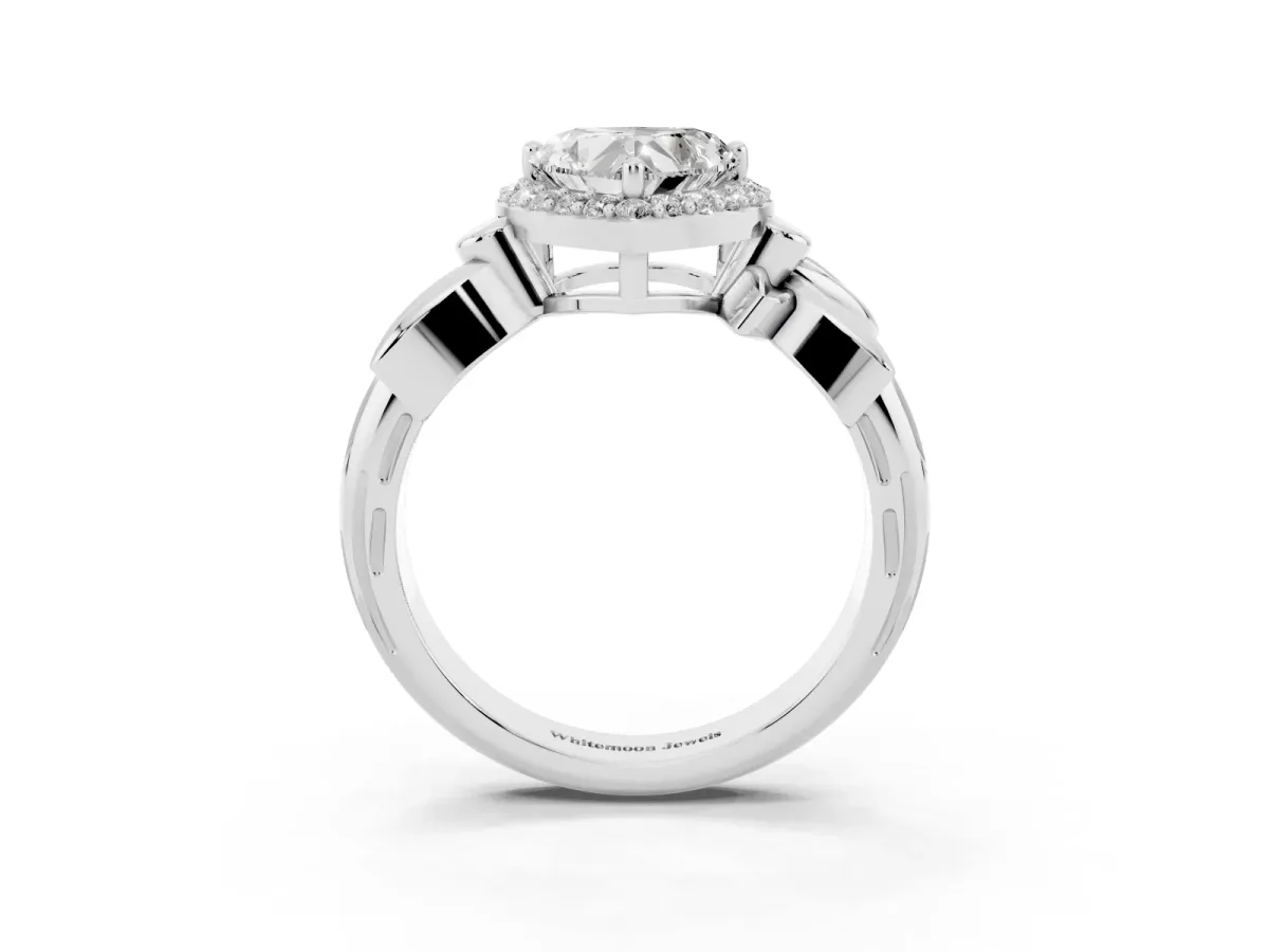 Heart Cut Halo Diamond Floral Band with Four-Prong Setting White gold