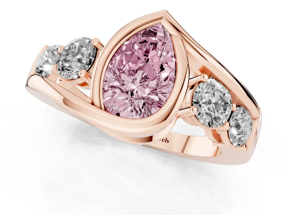 Fancy Pink Bezel Set Pear Cut Diamond Bypass Ring with Round Accents Rose gold
