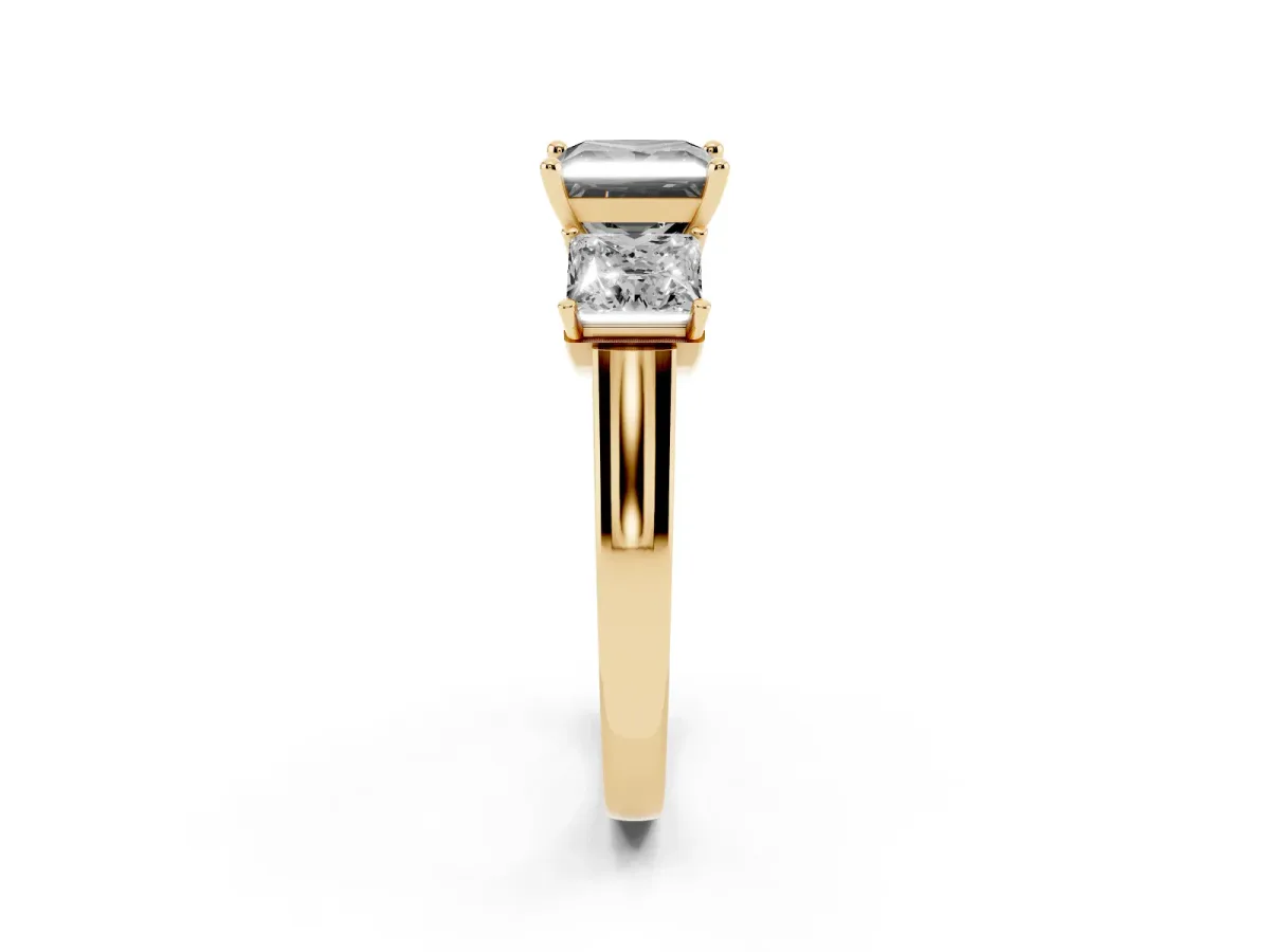Fancy Black Three-Stone Princess Cut Brilliant Diamond Trellis Ring with Comfort Fit Band Yellow gold