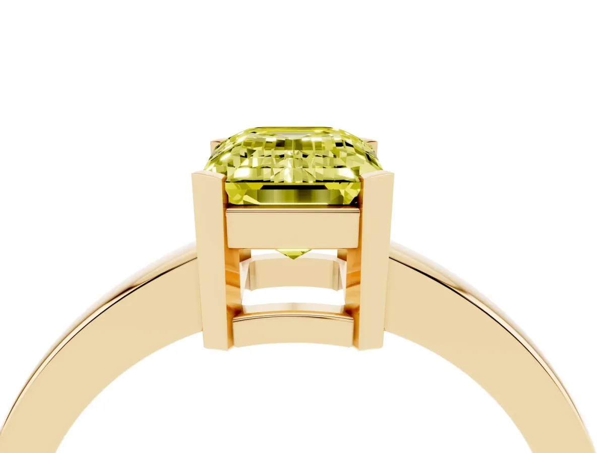Fancy Yellow Emerald Cut Cut Solitaire Ring with Four-Prong Setting and Classic Band Yellow gold