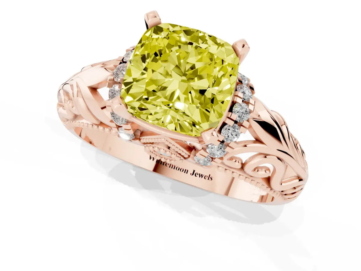 Fancy Yellow Cushion Cut Solitaire Filigree Engagement Ring with Halo and Prong Setting Rose gold