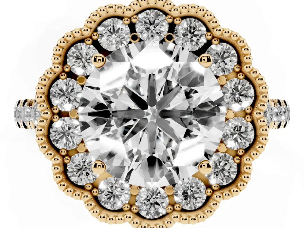 Round Cut Cut Diamond Milgrain Floral Halo Engagement Ring with Pavé Band Yellow gold