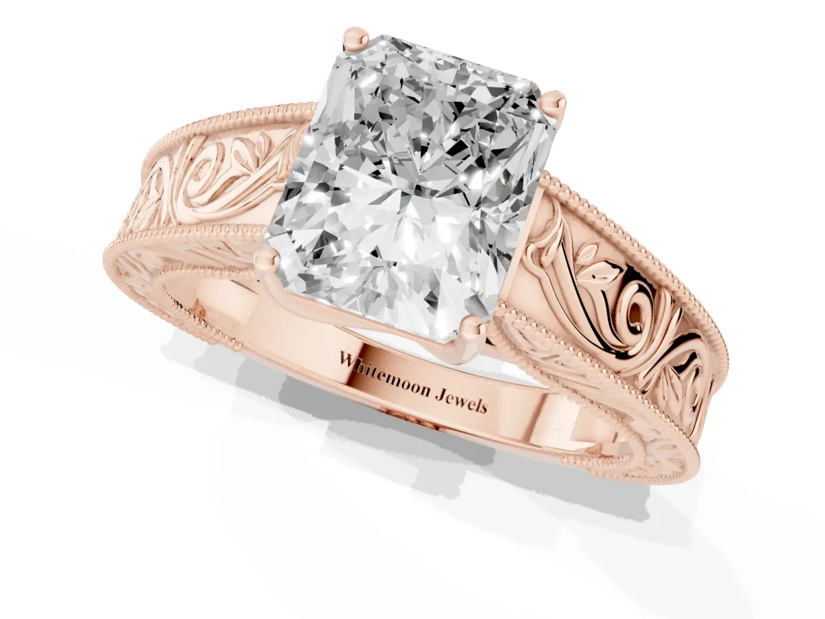 Radiant Cut Diamond Solitaire Ring with Engraved Band and Four-Prong Setting Rose gold