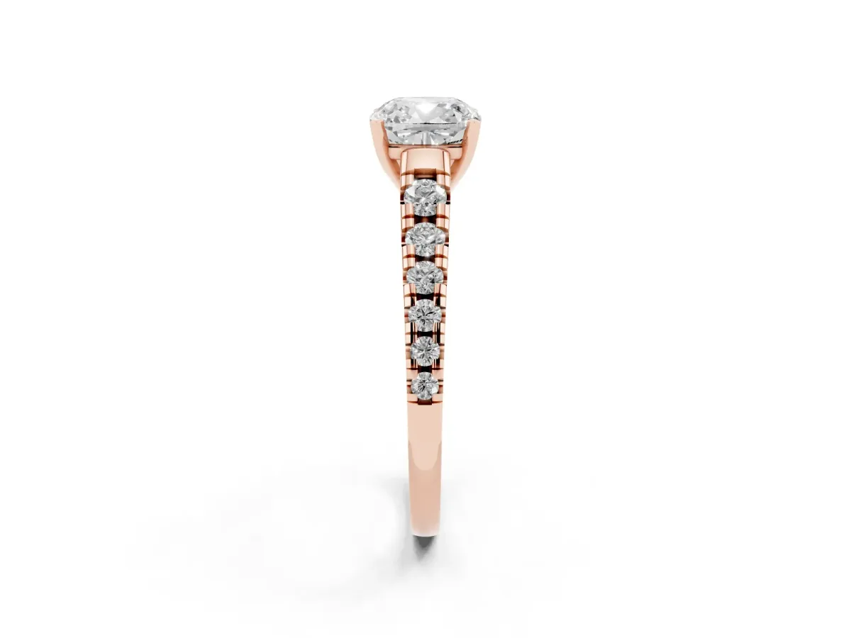 Cushion Cut Diamond Cathedral Solitaire Ring with Round Pavé Band Rose gold