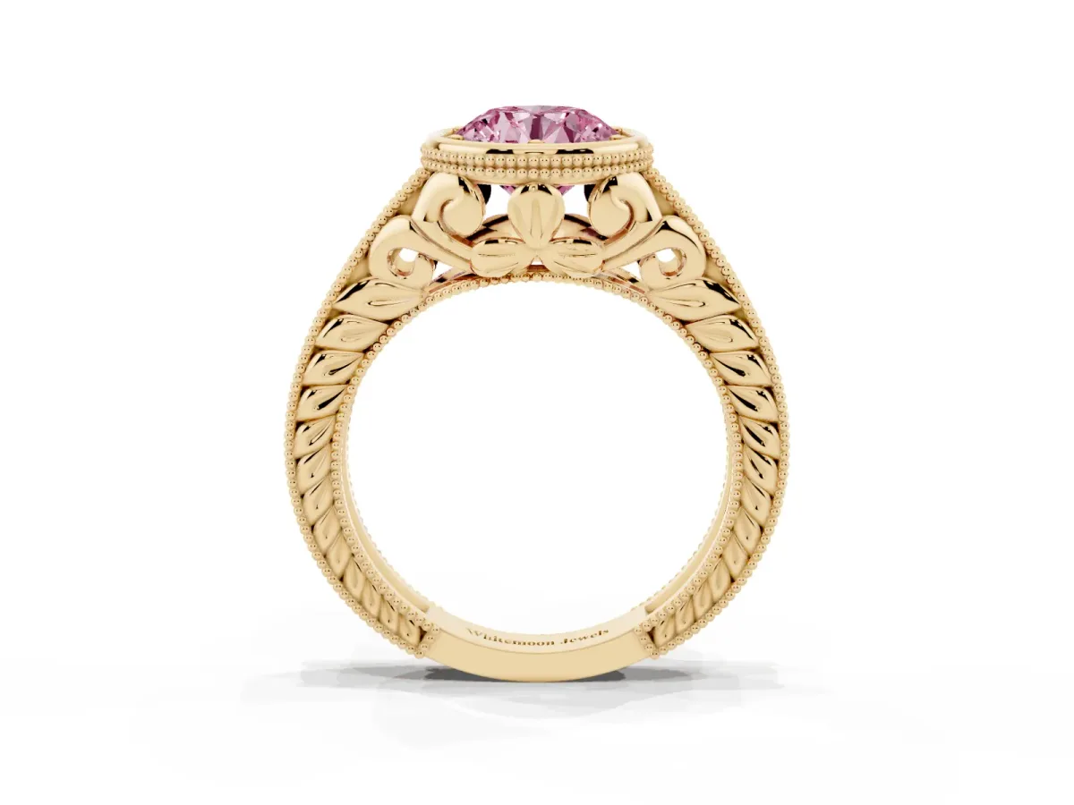 Fancy Pink Bezel Set Round Cut Diamond Milgrain Pave Engagement Ring Yellow gold