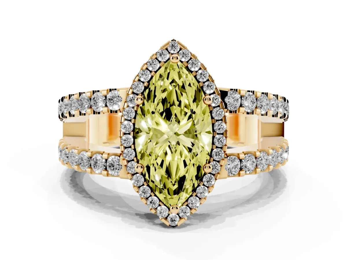 Fancy Yellow Marquise Cut Cut Halo Split Shank Diamond Ring with Four-Prong Setting Yellow gold