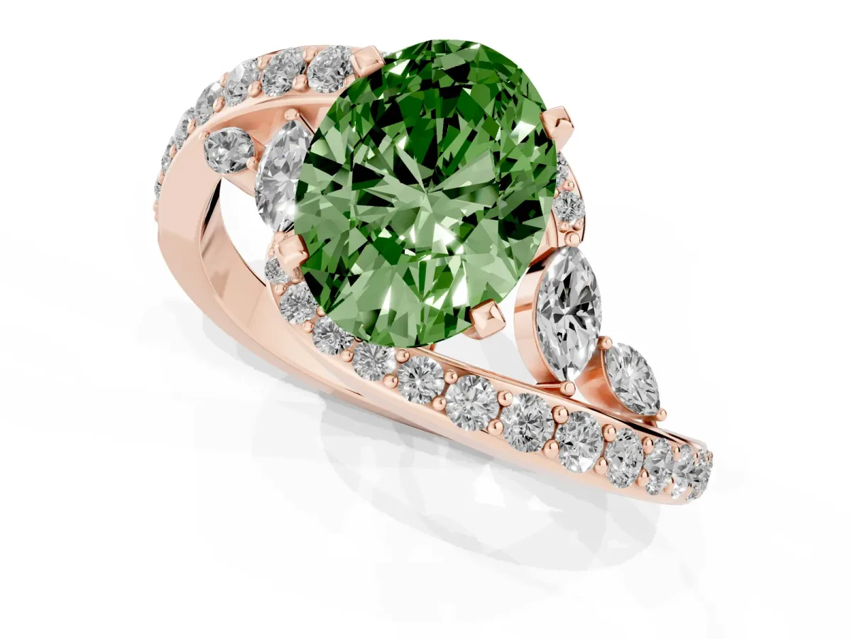 Fancy Green Oval Cut Solitaire with Pavé Twist Band and Four-Prong Setting Rose gold