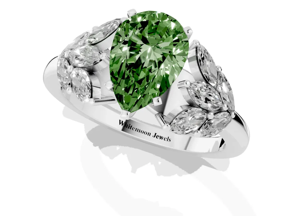 Fancy Green Pear Cut Diamond Cluster Leaf Design Ring with Prong Setting Platinum