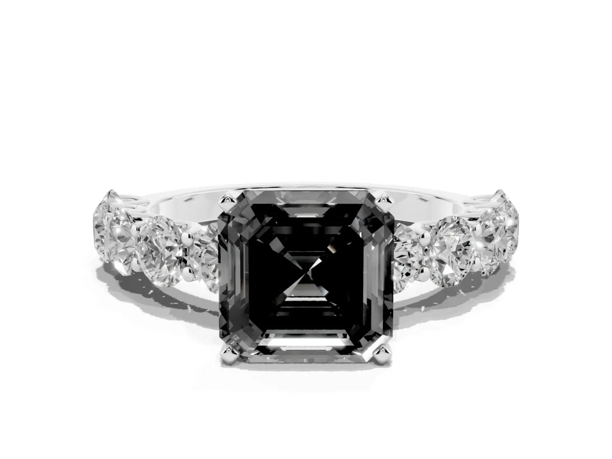 Fancy Black Asscher Cut Diamond Prong Setting with Side Stones on a Pave Band Silver