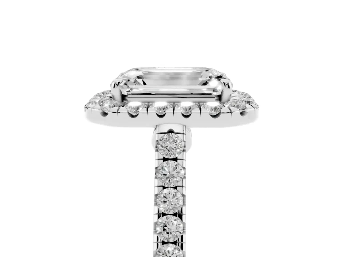 Emerald Cut Halo Pave Diamond Engagement Ring with Four-Prong Setting Platinum