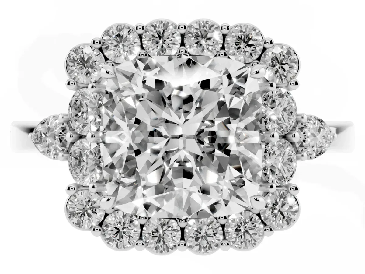 Cushion Cut Diamond Halo Ring with Pear Side Stones and Prong Setting Silver