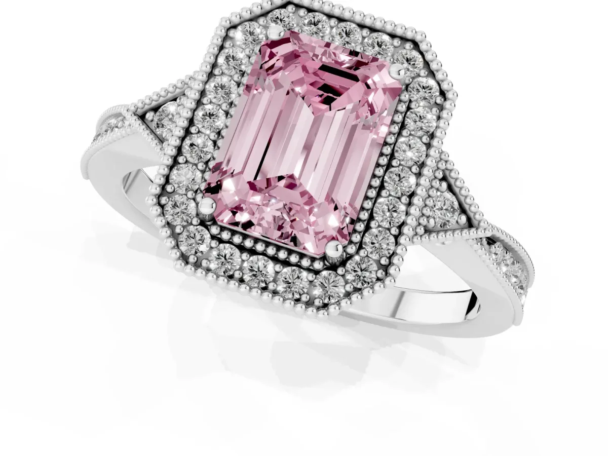 Fancy Pink Emerald Cut Halo Round Diamond Milgrain Pave Engagement Ring Silver