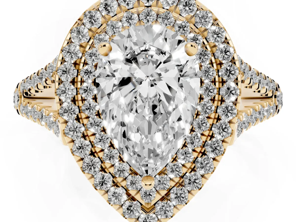 Pear Cut Diamond Double Halo Ring with Pavé Band and Prong Setting Yellow gold