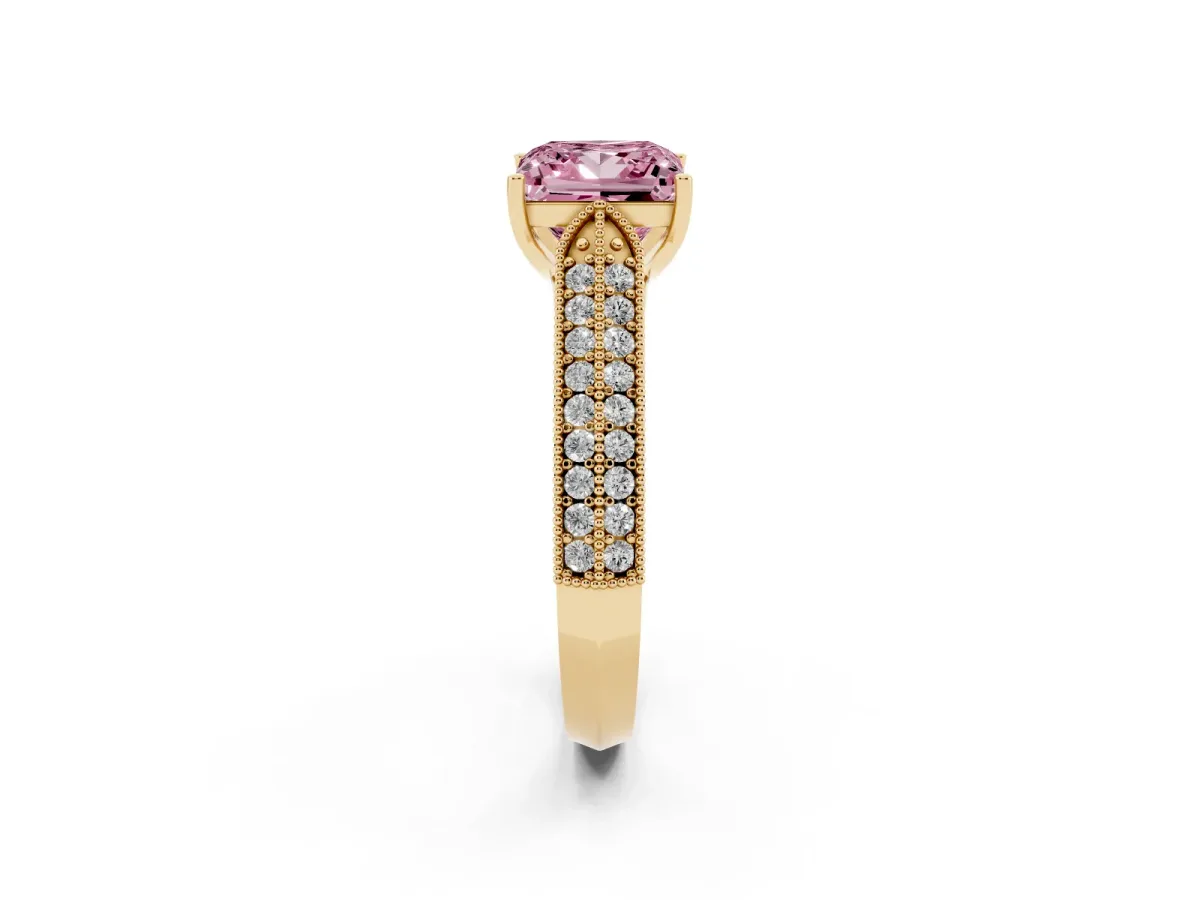 Fancy Pink Princess Cut Cut Pave Split Shank Engagement Ring with Four-Prong Setting Yellow gold