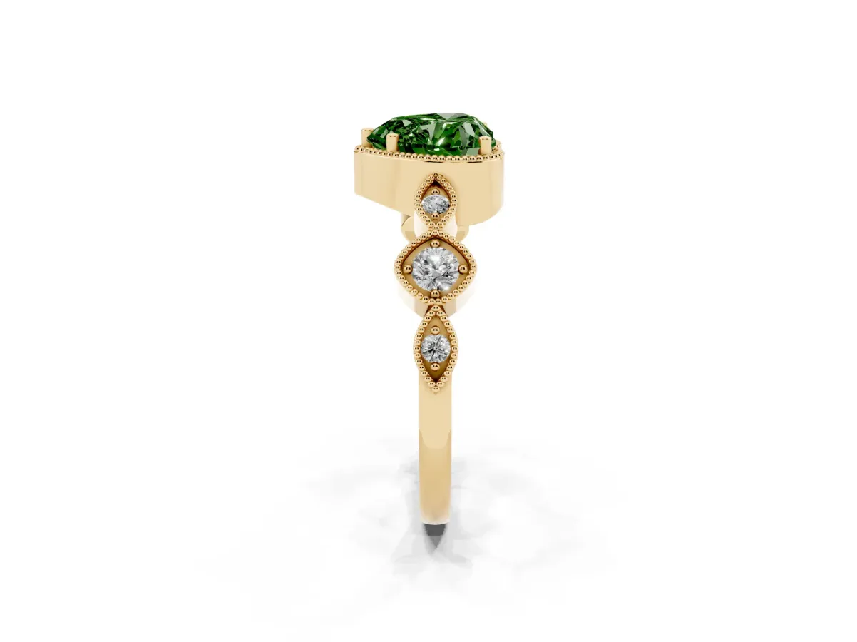 Fancy Green Heart Cut Diamond Vintage Milgrain Ring with Round Stations Yellow gold