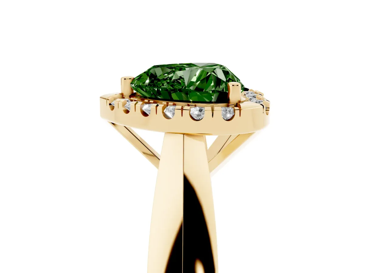 Fancy Green Heart Cut Cut Halo Solitaire Engagement Ring with Square Band and Four-Prong Setting Yellow gold