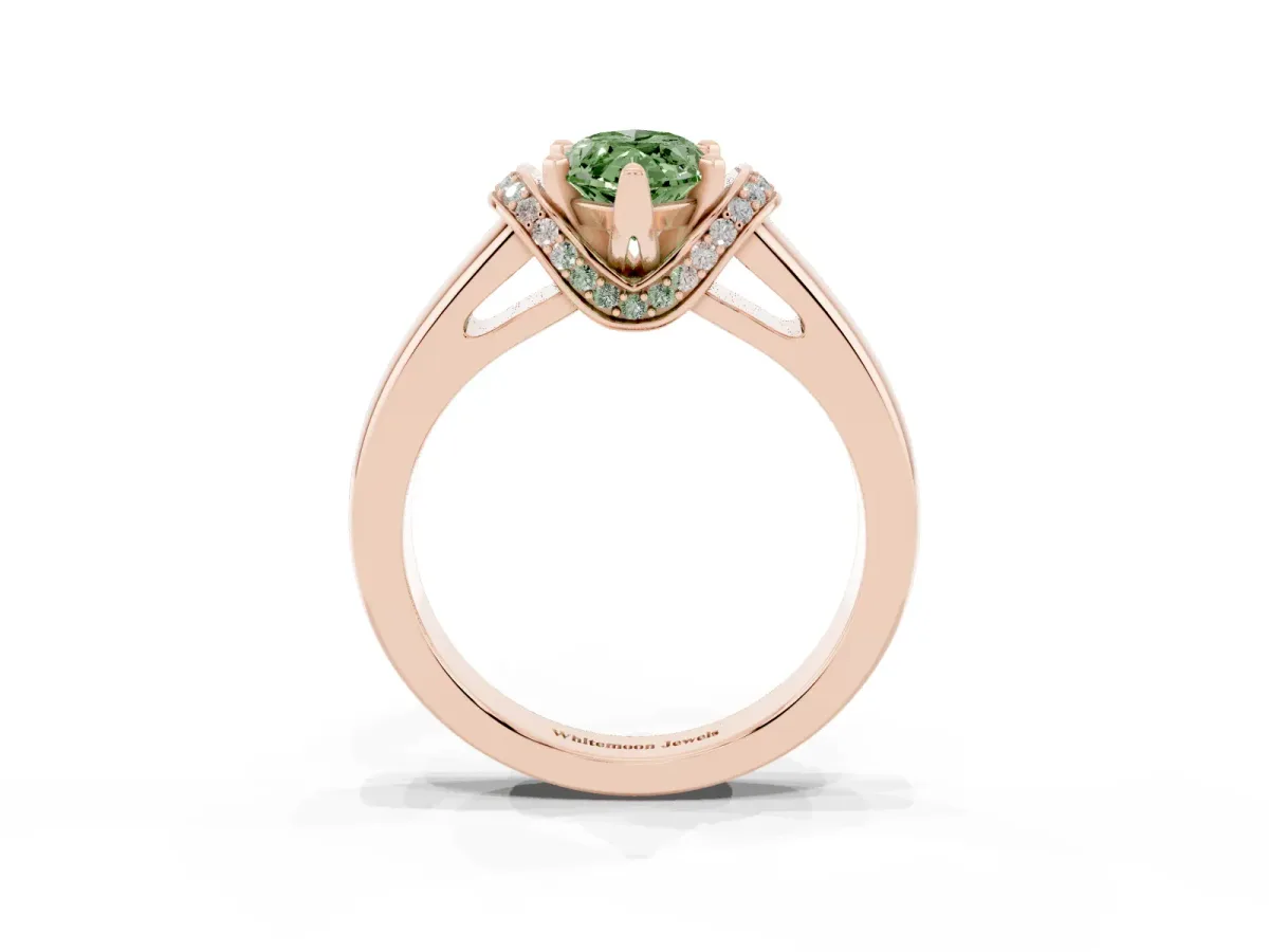 Fancy Green Marquise Cut Solitaire Diamond Ring with Pave Band and Six-Prong Setting Rose gold