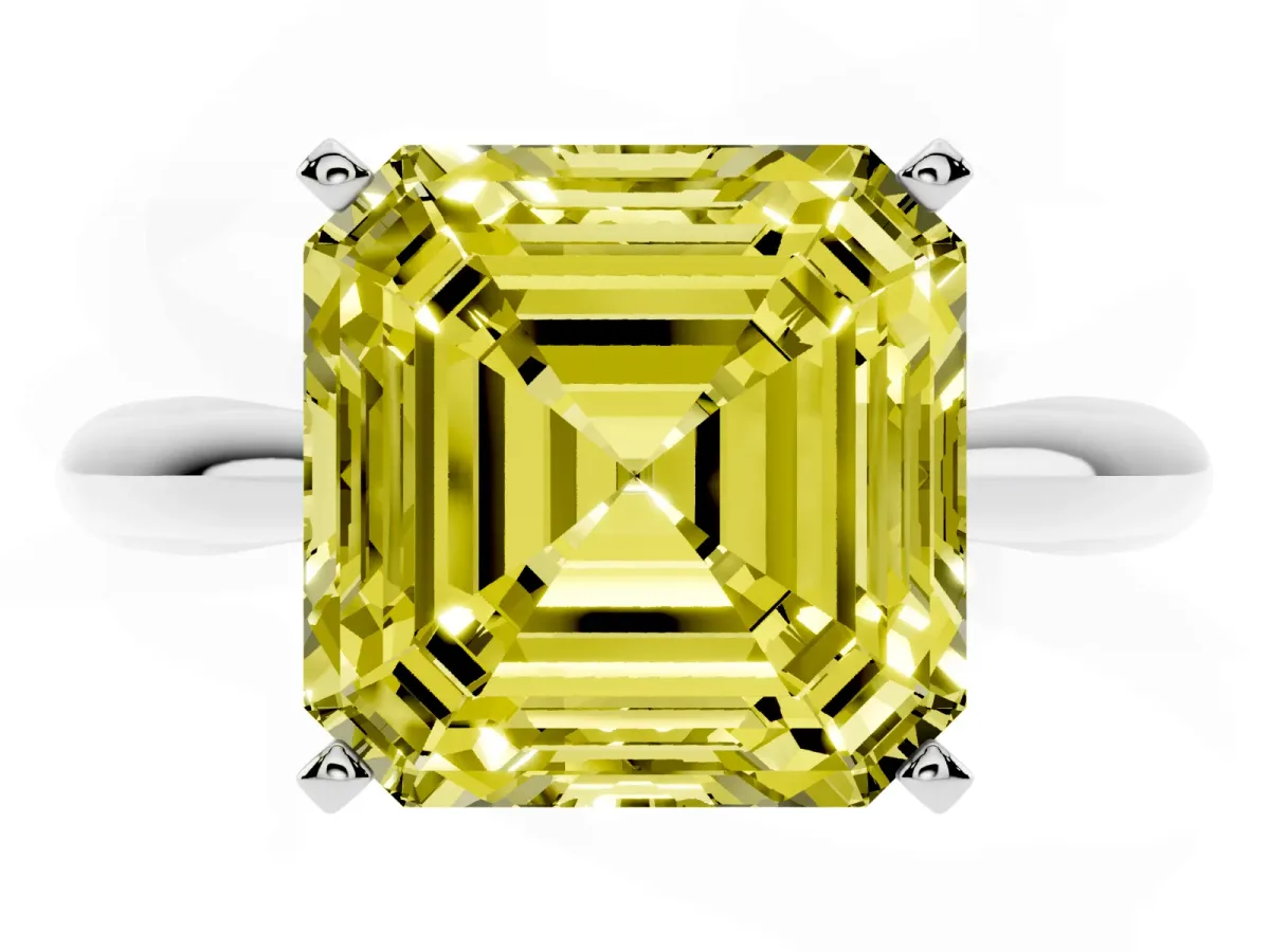 Fancy Yellow Asscher Cut Diamond Solitaire Engagement Ring with Cathedral Setting and Four-Prong Mount White gold