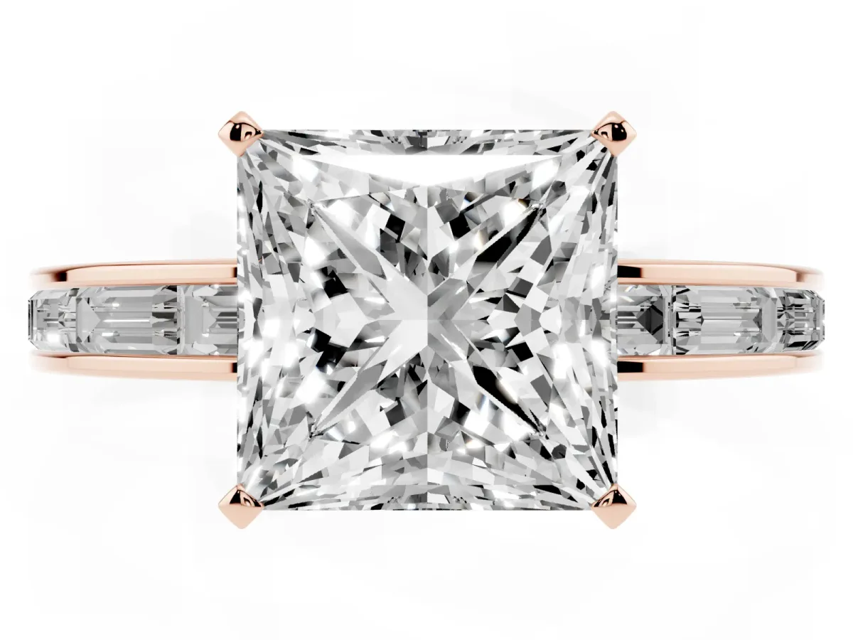 Princess Cut Solitaire Diamond Ring with Channel-Set Baguette Band and Four-Prong Setting Rose gold