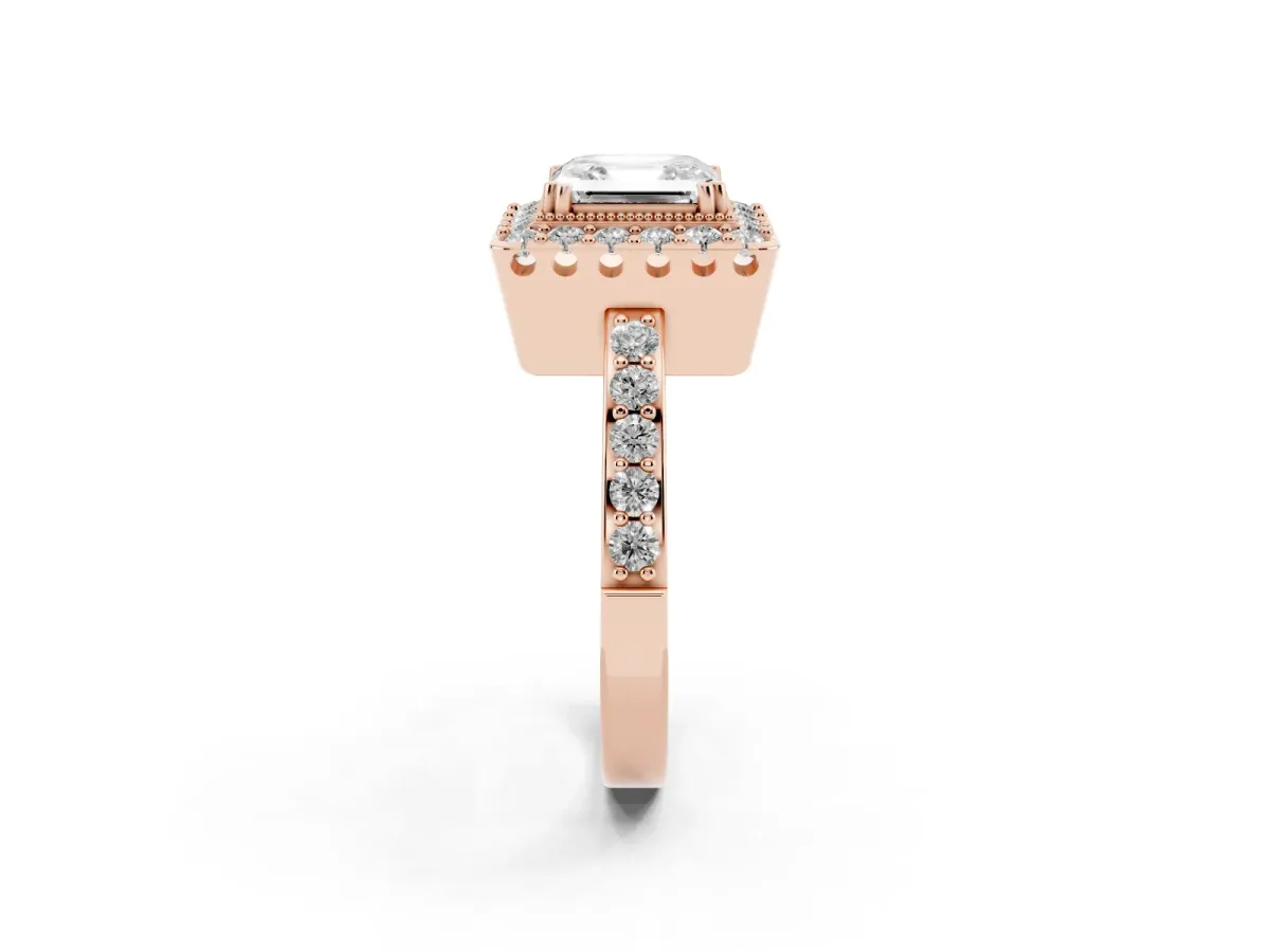 Asscher Cut Diamond Halo Ring with Pavé Band and Prong Setting Rose gold