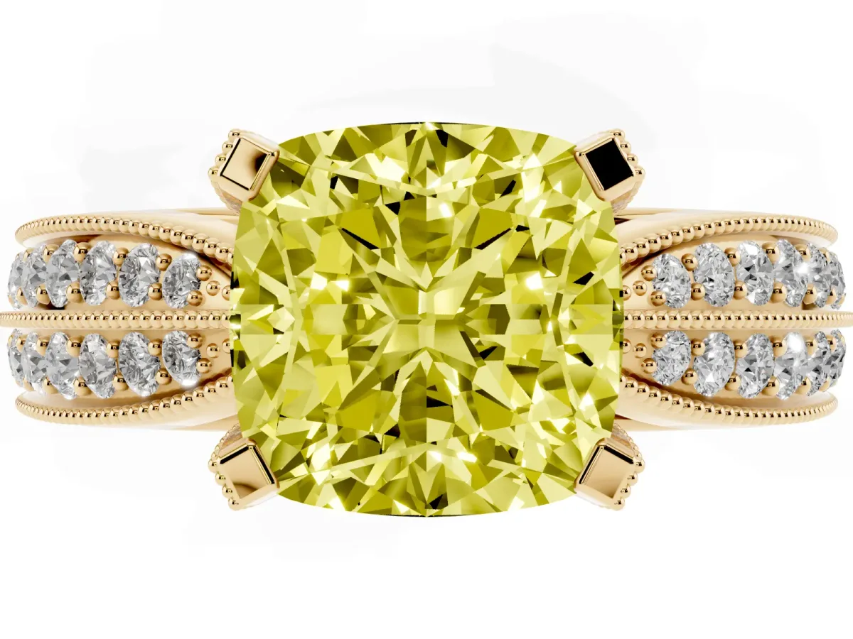 Fancy Yellow Cushion Cut Diamond Solitaire Ring with Milgrain Round Pavé Band and Prong Setting Yellow gold