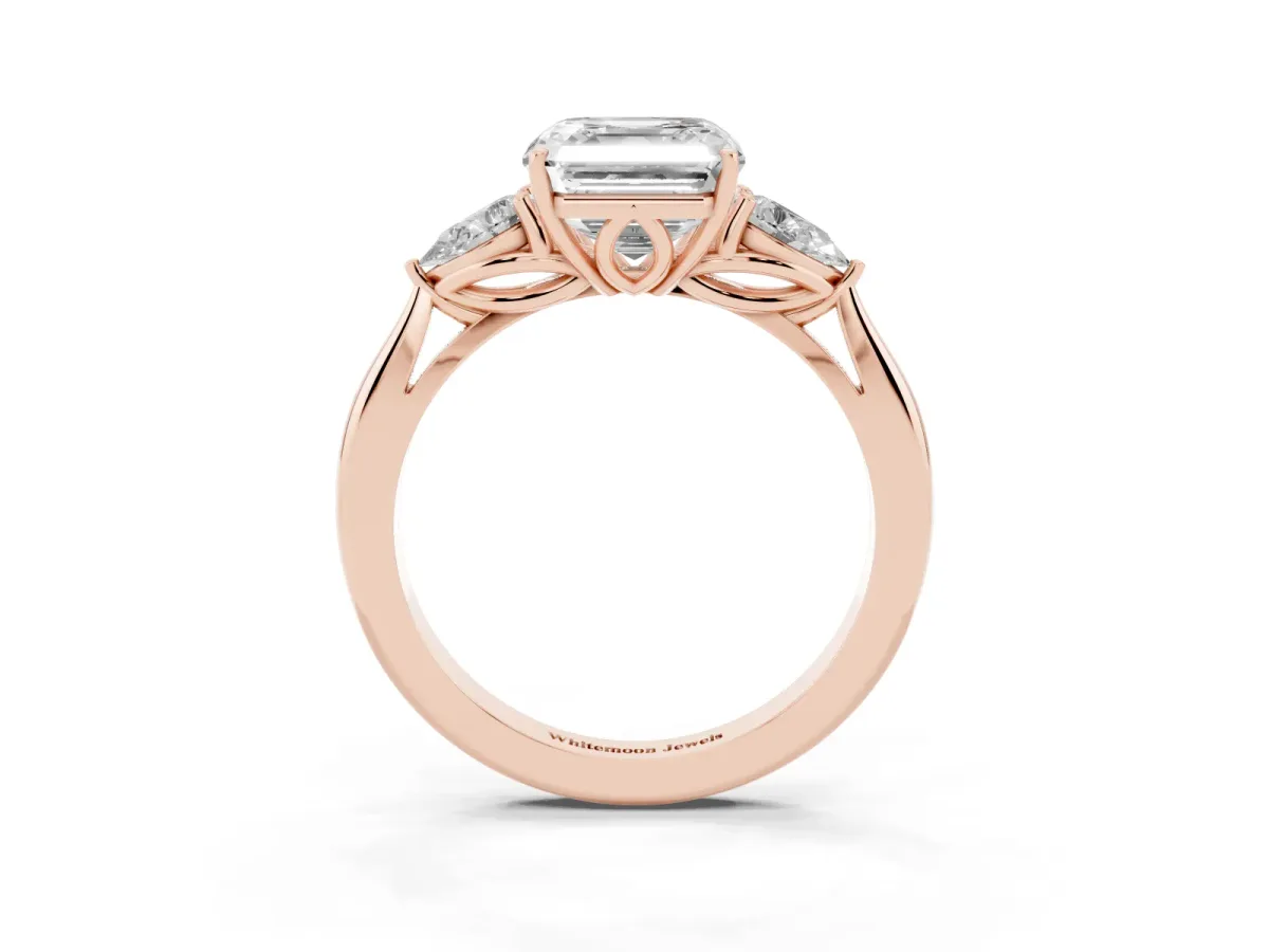 Three-Stone Asscher Cut Brilliant Diamond Solitaire Ring with Tapered Band and Four-Prong Setting Rose gold