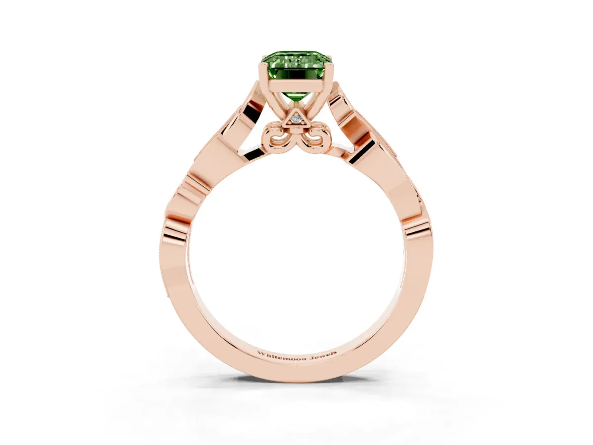 Fancy Green Emerald Cut Solitaire Vine Band with Milgrain Prong Setting Rose gold