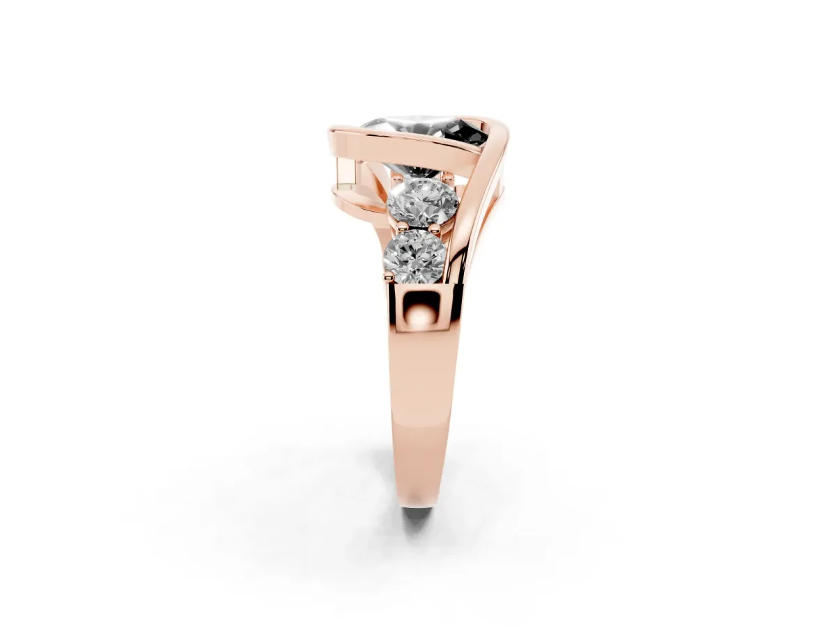 Fancy Black Bezel Set Oval Cut Diamond Bypass Ring with Round Accents Rose gold