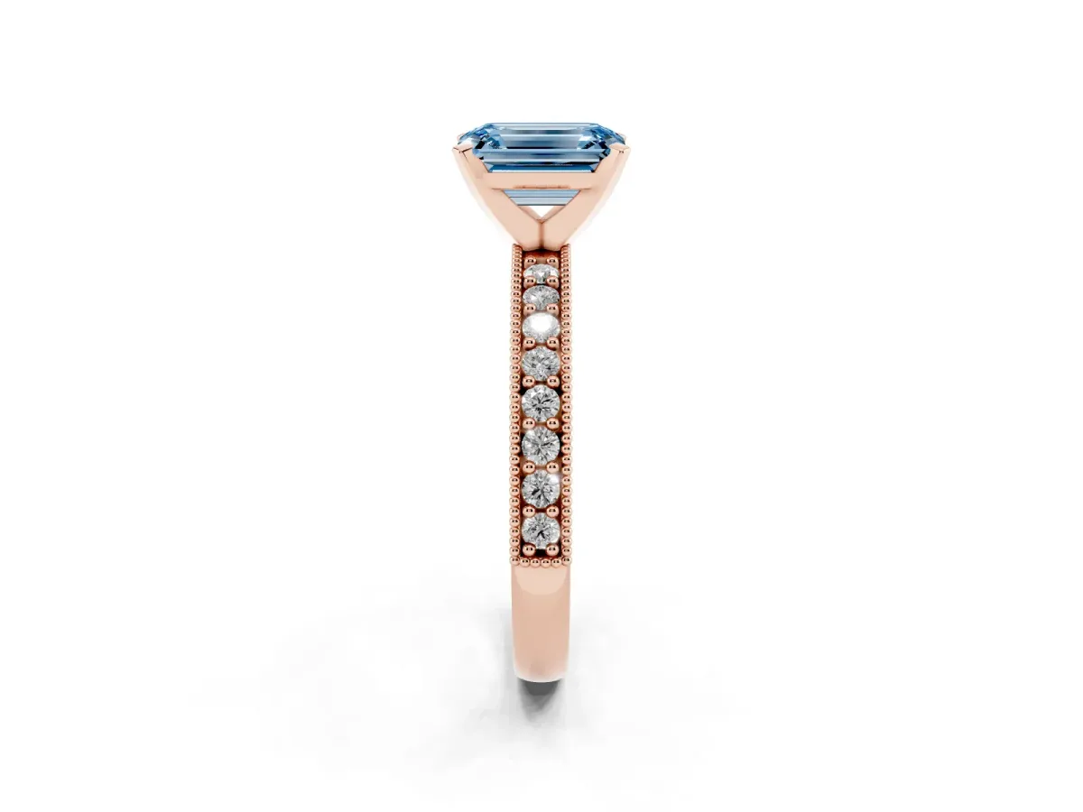 Fancy Blue Emerald Cut Diamond Milgrain Pavé Engagement Ring with Four-Prong Setting Rose gold