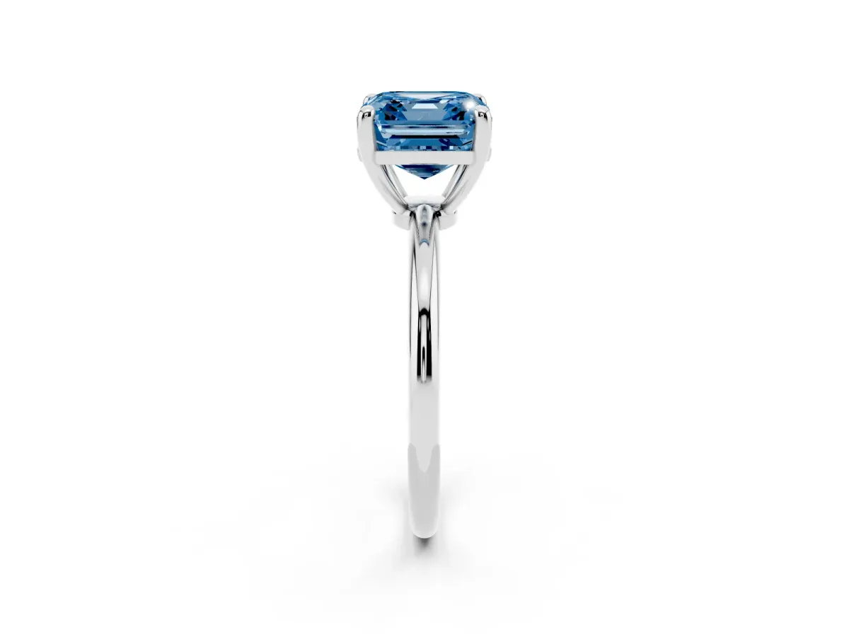 Fancy Blue Asscher Cut Solitaire Diamond Ring with 4-Prong Setting on a Classic Band Silver