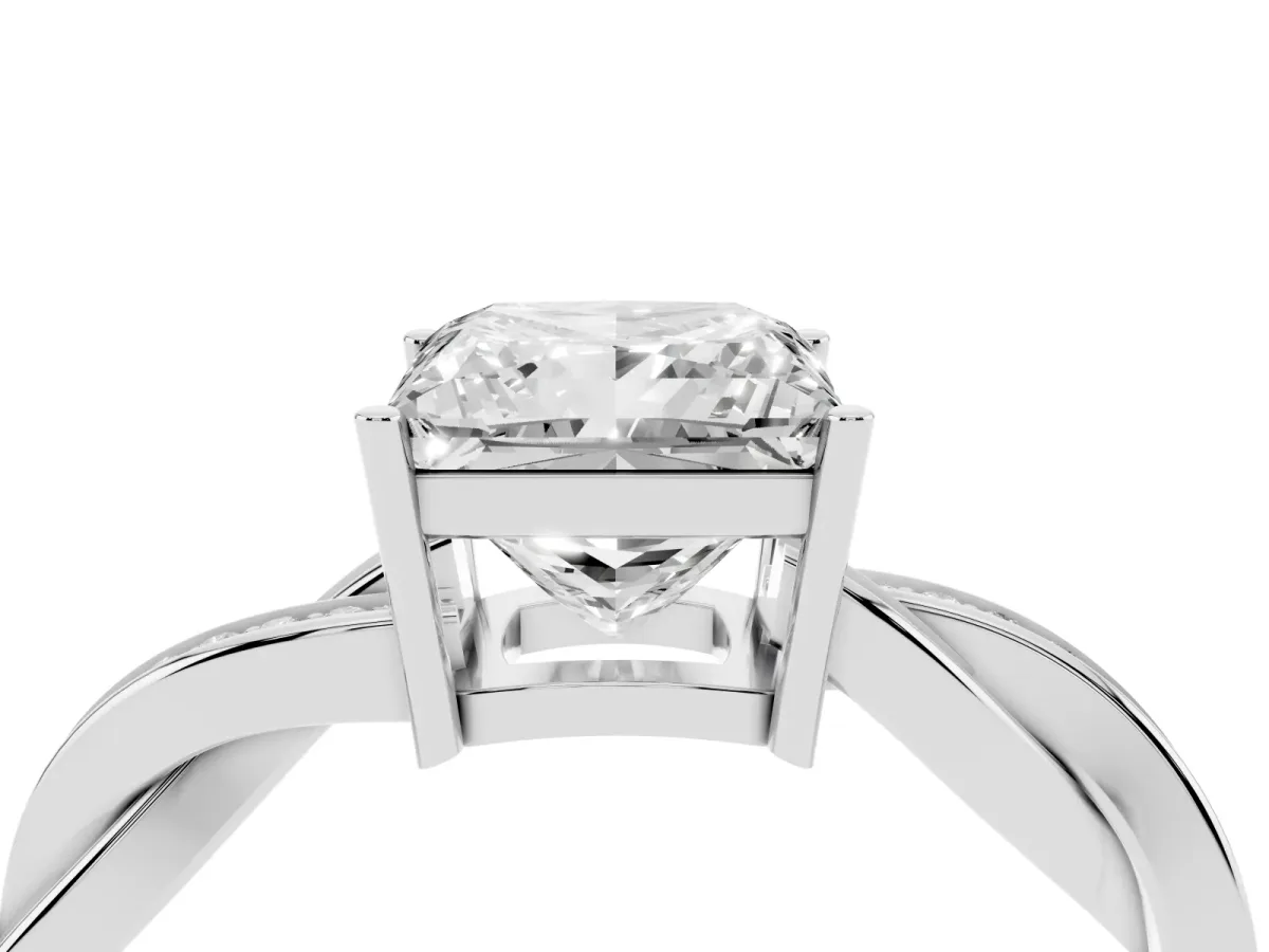 Princess Cut Solitaire Twisted Pave Diamond Ring with Four-Prong Setting Platinum