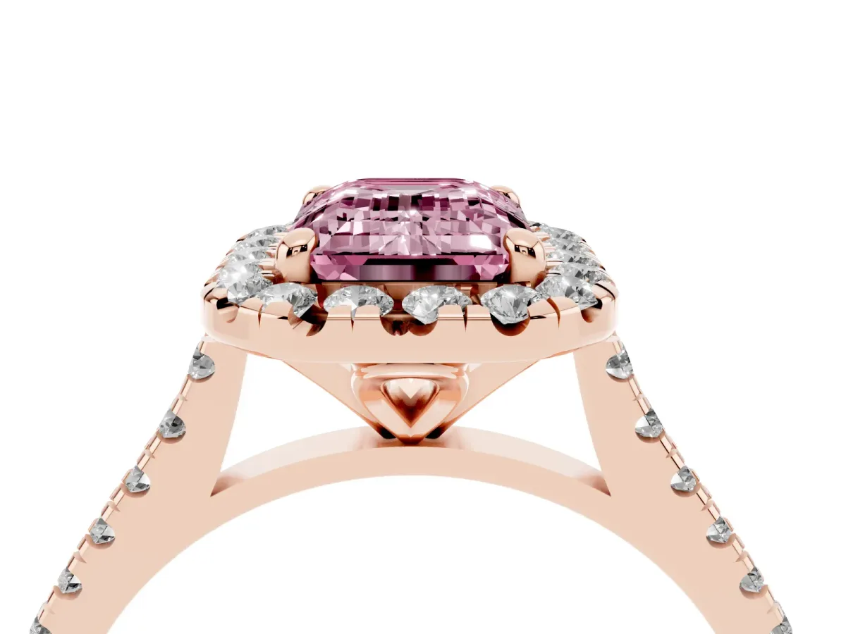 Fancy Pink Emerald Cut Diamond Cushion Halo Ring with Pavé Band Rose gold