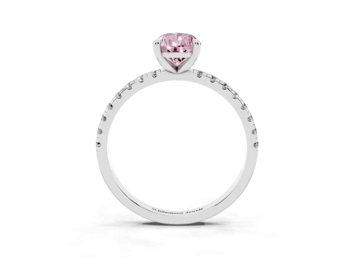 Fancy Pink Pear Cut Diamond Brilliant Solitaire Ring with Pavé Band and Four-Prong Setting Platinum