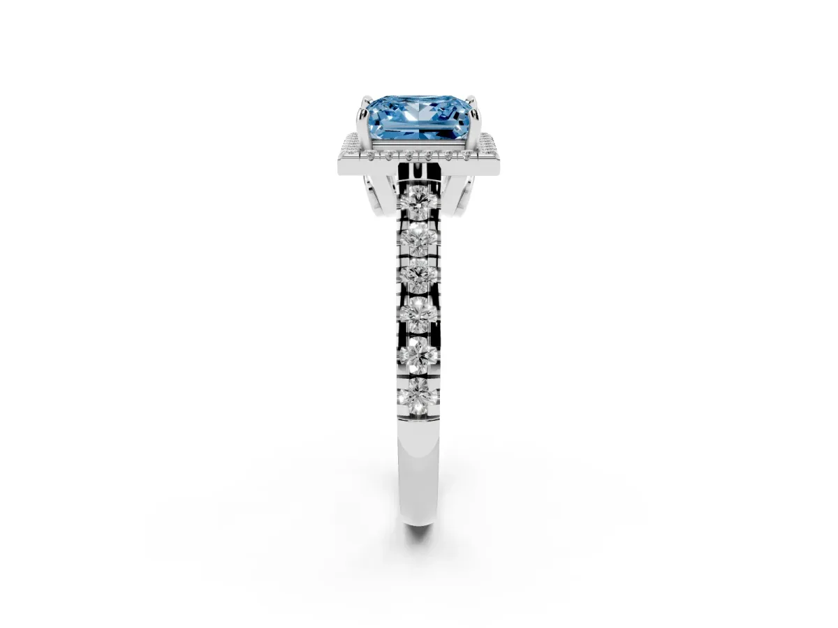 Fancy Blue Princess Cut Halo Pavé Diamond Engagement Ring with Four-Prong Setting Platinum