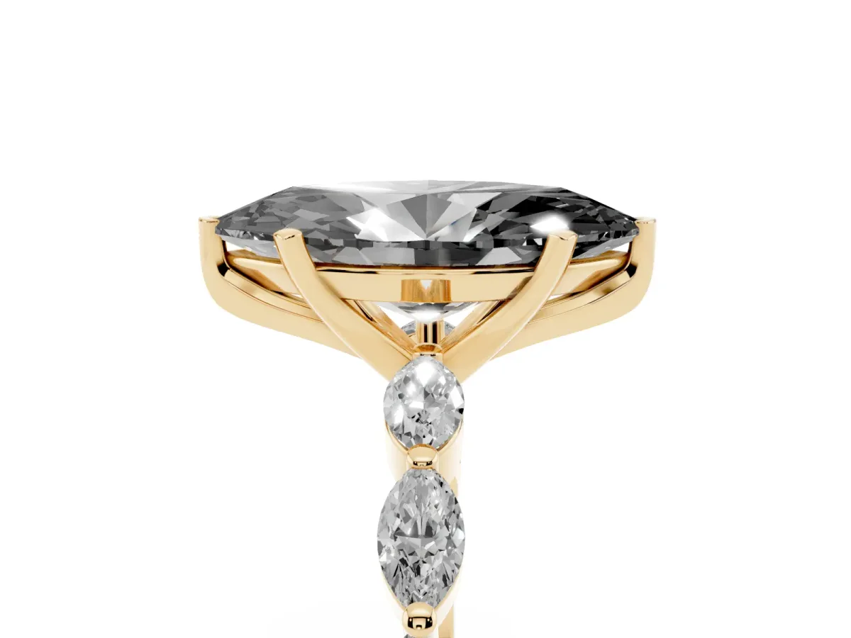 Fancy Black Marquise Cut Diamond Ring with Marquise Side Stones and Prong Setting Yellow gold