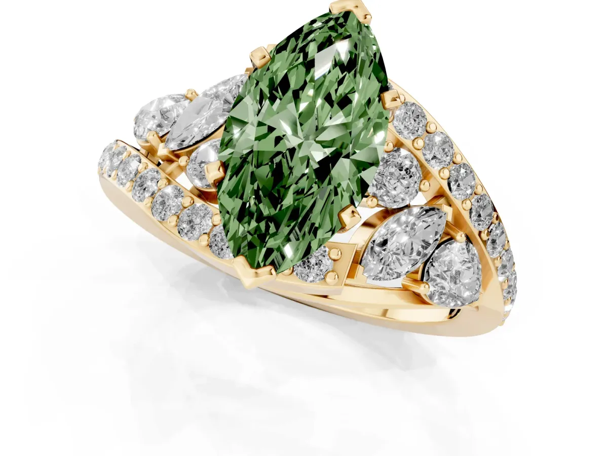 Fancy Green Marquise Cut Diamond Halo Ring with Marquise and Pavé Band in Prong Setting Yellow gold