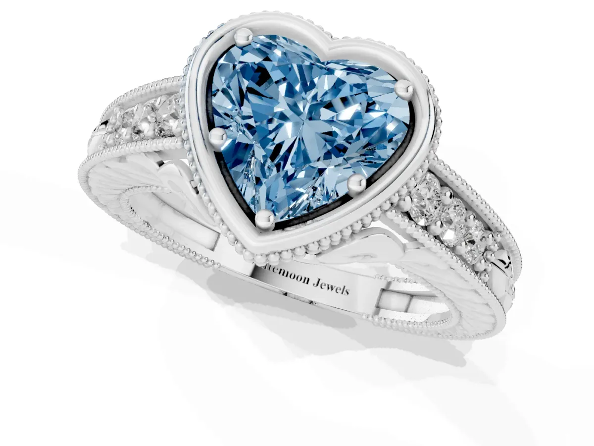 Fancy Blue Bezel Set Heart Cut Diamond Milgrain Pave Engagement Ring Silver