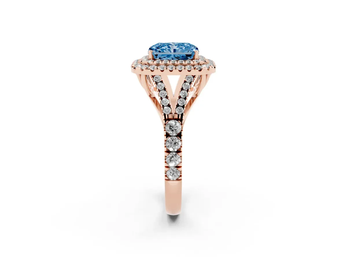 Fancy Blue Double Halo Radiant Cut Diamond Split Shank Engagement Ring with Four-Prong Setting Rose gold